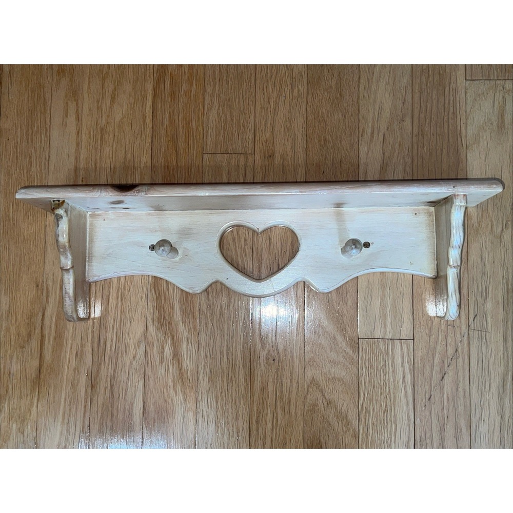 Vintage Style Wooden Wall 2 Peg Shelf w/ Heart Cutout Design - 24"x 5" X 7"